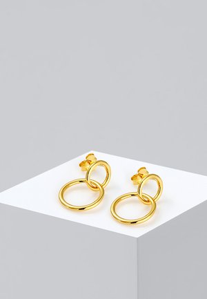 Gouden metalen oorbellen met twee onderling verbonden cirkelvormige vormen met een gepolijste afwerking en een post-back sluiting.