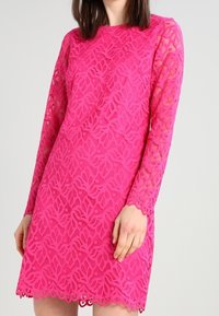 Rosa spetsklänning med långa ärmar, med ett blommönster och vågig fåll. Halvgenomskinlig tyg ger textur och detaljer.