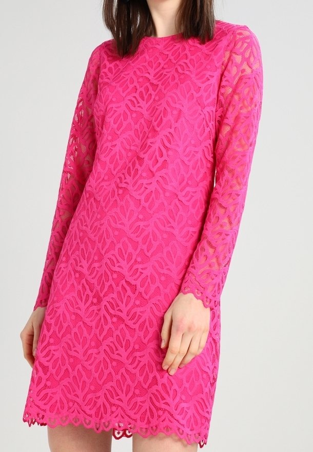 Rosa spetsklänning med långa ärmar, med ett blommönster och vågig fåll. Halvgenomskinlig tyg ger textur och detaljer.