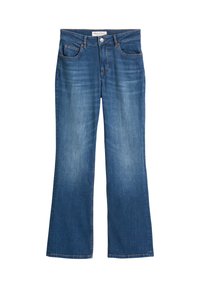 Ciemnoniebieskie dzwony dżinsowe z pięcioma kieszeniami, kontrastującymi przeszyciami i frontowym zapięciem na guziki. Miękka tekstura i fason o średnim stanie.