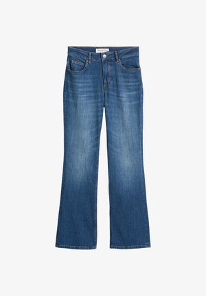 Dunkelblaue Denim-Flared-Jeans mit fünf Taschen, kontrastierenden Nähten und einem Knopfverschluss vorne. Weiche Textur und mittelhoher Bund.