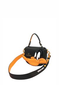 Borsa a tracolla in pelle nera con un design tridimensionale di Titti in arancione e nero. Presenta una tracolla regolabile e dettagli hardware dorati.