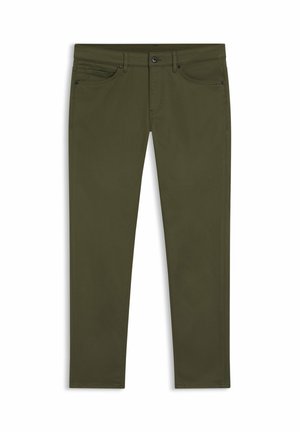 Olive green slim-fit pants with front pockets, belt loops, button closure, and visible stitching on white background.