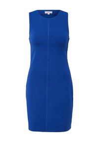Ärmelloses blaues Kleid aus dehnbarem Stoff, mit einer taillierten Silhouette und einer vertikalen Naht in der Mitte.