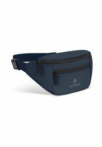 Marsupio blu navy realizzato in materiale resistente. Caratterizzato da una forma curvata, due tasche frontali con cerniera e un logo sulla parte anteriore.