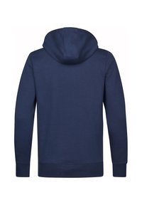 Hanorac bleumarin cu glugă, fabrică moale și texturată. Are manșete și tiv striate, prezentând un design simplu și curat, fără detalii în față.