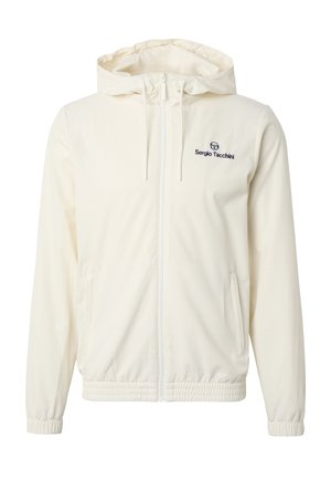 Světlounce krémová bunda se zipem, kapucí, elastickými manžetami a lemem, předními kapsami a malým logem Sergio Tacchini na hrudi.