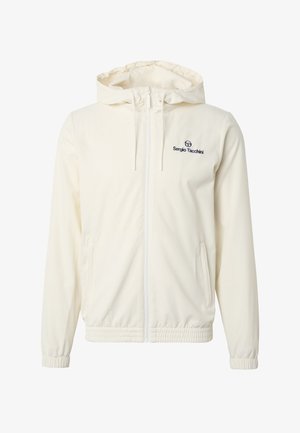 Světlounce krémová bunda se zipem, kapucí, elastickými manžetami a lemem, předními kapsami a malým logem Sergio Tacchini na hrudi.