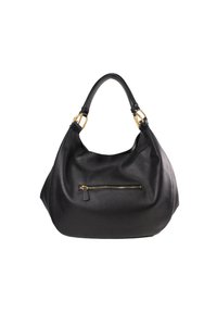 Schwarze Lederhandtasche mit strukturierter Oberfläche, einer goldfarbenen Reißverschlusstasche vorne und zwei Schulterriemen mit goldfarbenen Beschlägen.