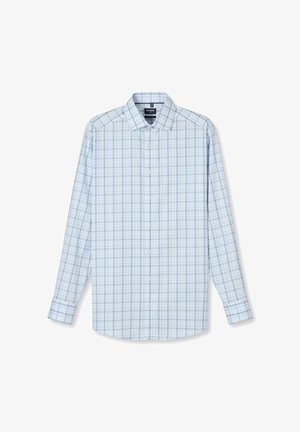 Lichtblauw overhemd met lange mouwen, knopen en een wit- en blauw geruit patroon, met een klassieke kraag, plat uitgestald op een witte achtergrond.