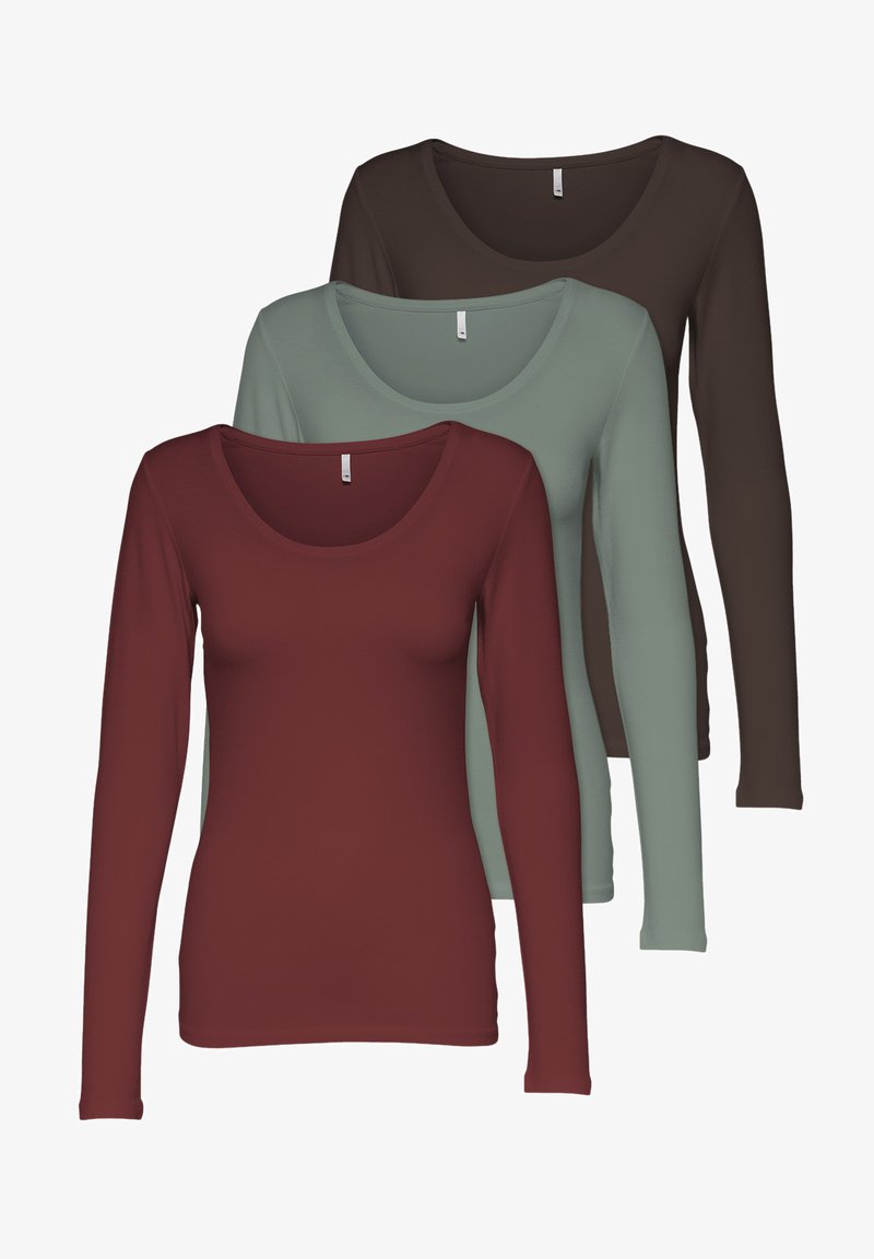Set of three long-sleeve shirts in maroon, muted green, and dark brown. Each features a scoop neckline and a fitted design. Soft fabric texture.