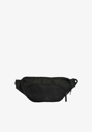 Riñonera negra hecha de tela resistente, con un compartimento principal con cremallera, correa ajustable y un pequeño logo decorativo en el frente.