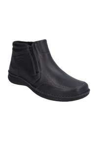 Bottine en cuir noir présentant une fermeture éclair sur le côté, une finition texturée, des détails de couture et une semelle en caoutchouc flexible. Conçue pour un enfilage facile.