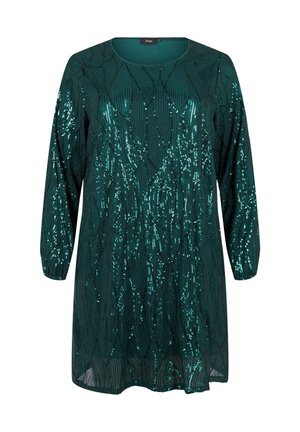 Türkise kleit, millel on pikad varrukad, ümar kaelus ja tekstuuriga disain, kus säravad litrid on paigutatud lainekujudesse.