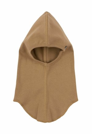 Bruine katoenen balaclava met een puntige capuchon, gladde textuur, ronde opening voor het gezicht en gestikte randen voor duurzaamheid.
