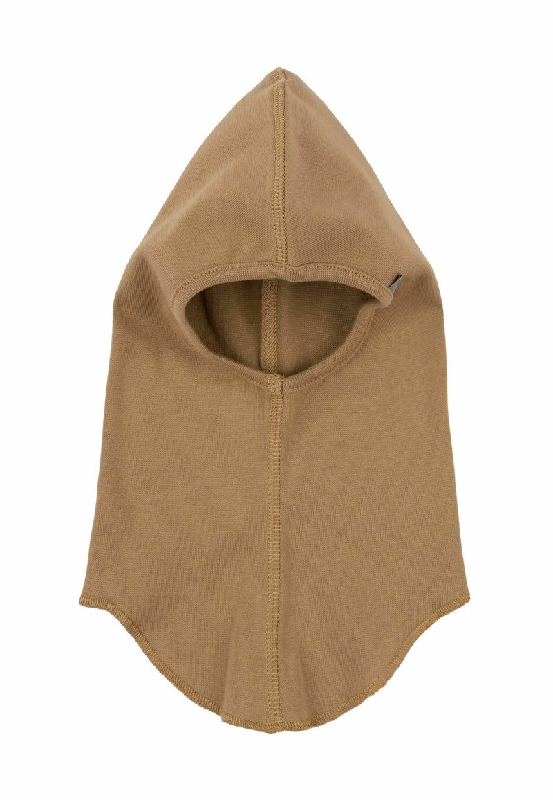 Balaclava di cotone marrone con cappuccio a punta, texture liscia, apertura rotonda per il viso e bordi cuciti per la durata.