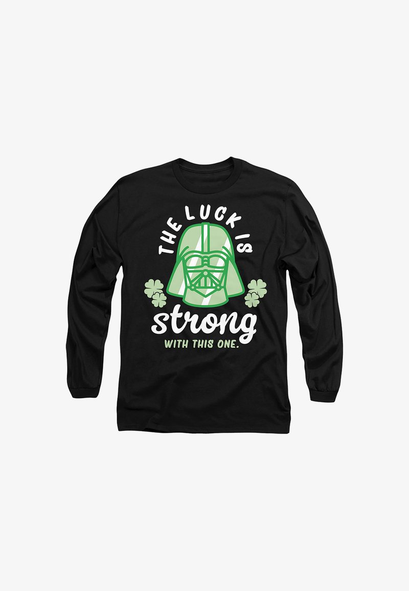 Black long-sleeve shirt with green Darth Vader helmet, four-leaf clovers, and text "The luck is strong with this one."