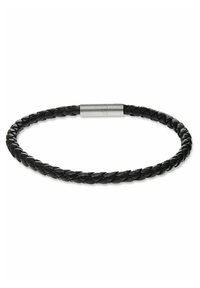 Bracciale in pelle intrecciata nera con un clasp metallico liscio. Design semplice e circolare con una finitura texturizzata sulla pelle.
