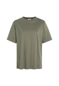 Olive green short-sleeve T-shirt, crew neck design, made from soft cotton, featuring a relaxed fit and stitched hem details.