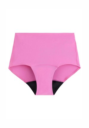 Højtaljet bikiniunderdel i lys pink, lavet af strækbart materiale, med et sort panel på ryggen og en glat tekstur.