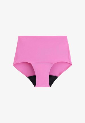 Bikini kalhotky s vysokým pasem v jasně růžové barvě, vyrobené z elastického materiálu, se černou vsadkou na zadní straně a hladkým povrchem.