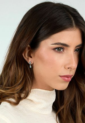 Orecchini d'argento con pietre rettangolari blu, indossati da una donna con lunghi capelli scuri. Indossa un dolcevita chiaro e strutturato.