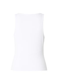 Weißes ärmelloses Top aus geripptem Stoff. Mit rundem Ausschnitt und figurbetonter Passform. Glatte Textur, keine sichtbaren Muster oder Akzente.