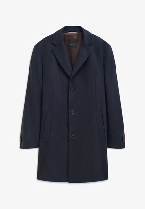 Marineblauer Wollmischmantel mit Reverskragen, fünf Knöpfen, zwei Seitentaschen und geknöpften Manschetten. Glatte Textur und taillierte Passform.
