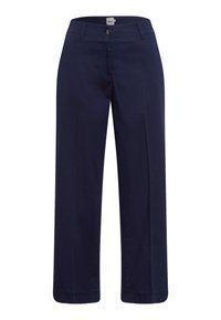 Marineblaue Weitbein-Hosen aus weichem Baumwollstoff, mit Knopfverschluss, flachem Vorderteil und zwei Seitentaschen.