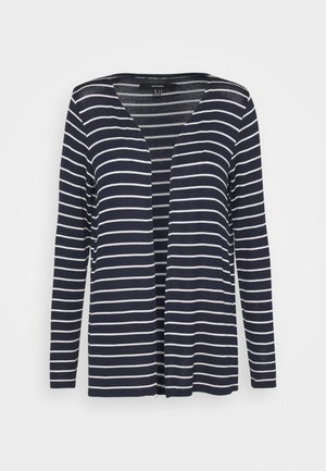 Laadukkaasta neuloksesta valmistettu avomallinen, pitkähihaine navy-värinen kardigan, jossa on valkoiset vaakasuorat raidat. Kevyt materiaali ja rento istuvuus.