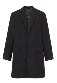 Donkergrijze wollen jas met een op maat gemaakt ontwerp, metgekeurde revers, drie knopen aan de voorkant en twee zijzakken. Glad interieurvoering.