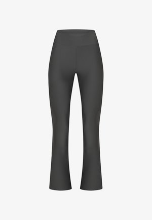 Leggings negros con pliegues, de cintura alta y con un diseño acampanado en la parte inferior. Fabricados con material elástico, que ofrece una textura suave.