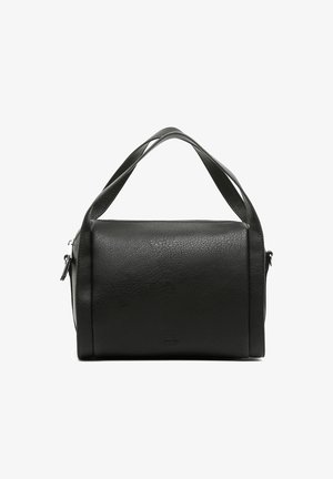 Sort læderhandbag med en tekstureret overflade, rektangulær form, dobbelt håndtag og lynlås-lukning. Ingen synlige hardware detaljer.