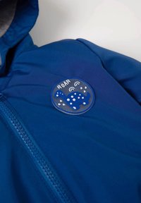 Modrá kapuce bunda se strukturovanou šedou podšívkou, s kulatou nášivkou zobrazující modrého dinosaura a slovo "ROAR".