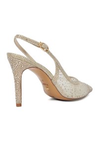 Beige slingback high heels with a pointed toe, embellished with small beads and a glittery strap, featuring a thin high heel and gold hardware.