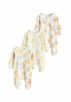 Drie babyrompertjes met speelse patronen van konijntjes en kuikentjes. Gemaakt van zacht katoen, met geribbelde textuur en ritsen. Kleuren zijn wit, geel en pasteltinten.