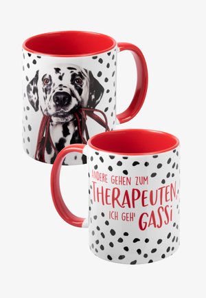 White ceramic mug featuring a black and white Dalmatian design with red accents. The inner rim and handle are red, displaying playful text.
