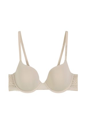 Reggiseno beige con coppe preformate, spalline regolabili e un bordo in pizzo testurizzato con un motivo geometrico sui lati.