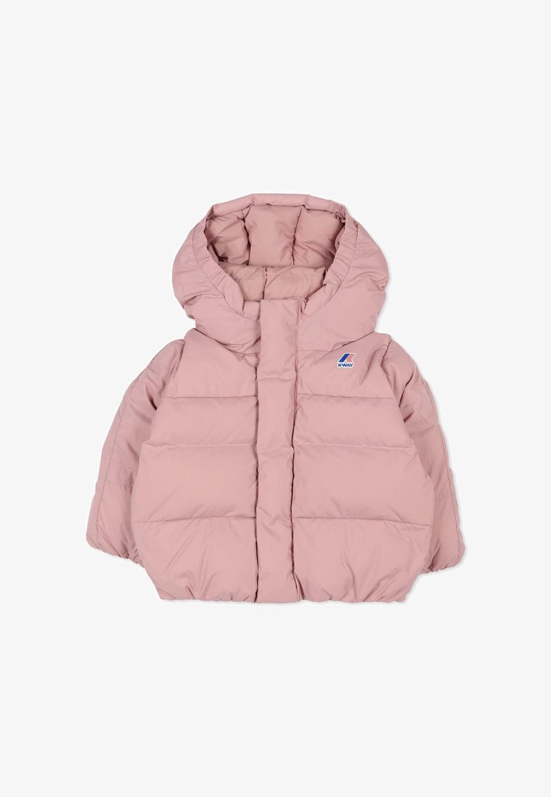 Veste à capuche rose rembourrée en matériau léger avec un motif matelassé et un petit logo sur la poitrine.