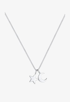 Collier en argent avec une chaîne, comportant un pendentif étoile et un pendentif croissant de lune. Les pendentifs sont lisses avec une finition polie.