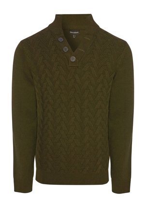 Maglione verde scuro a maglia con motivo a zigzag testurizzato, collo, polsini e orlo a coste, e tre bottoni vicino al collo.