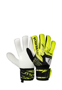 Torwarthandschuhe mit weißer Latex-Handfläche, neon-gelbem und schwarzem Design, griffiger Textur und verstärktem Fingerschutz. Marke: Reusch.