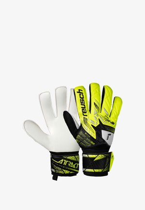 Keepershandschoenen met een witte latex palm, neon geel en zwart ontwerp, antislip textuur en versterkte vingerbescherming. Merk: Reusch.