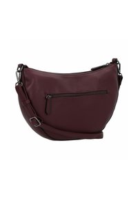 Burgunderfarbene Lederhandtasche mit geschwungenem Design, Reißverschluss oben, Fronttasche, verstellbarem Tragegurt und glänzender Oberfläche.