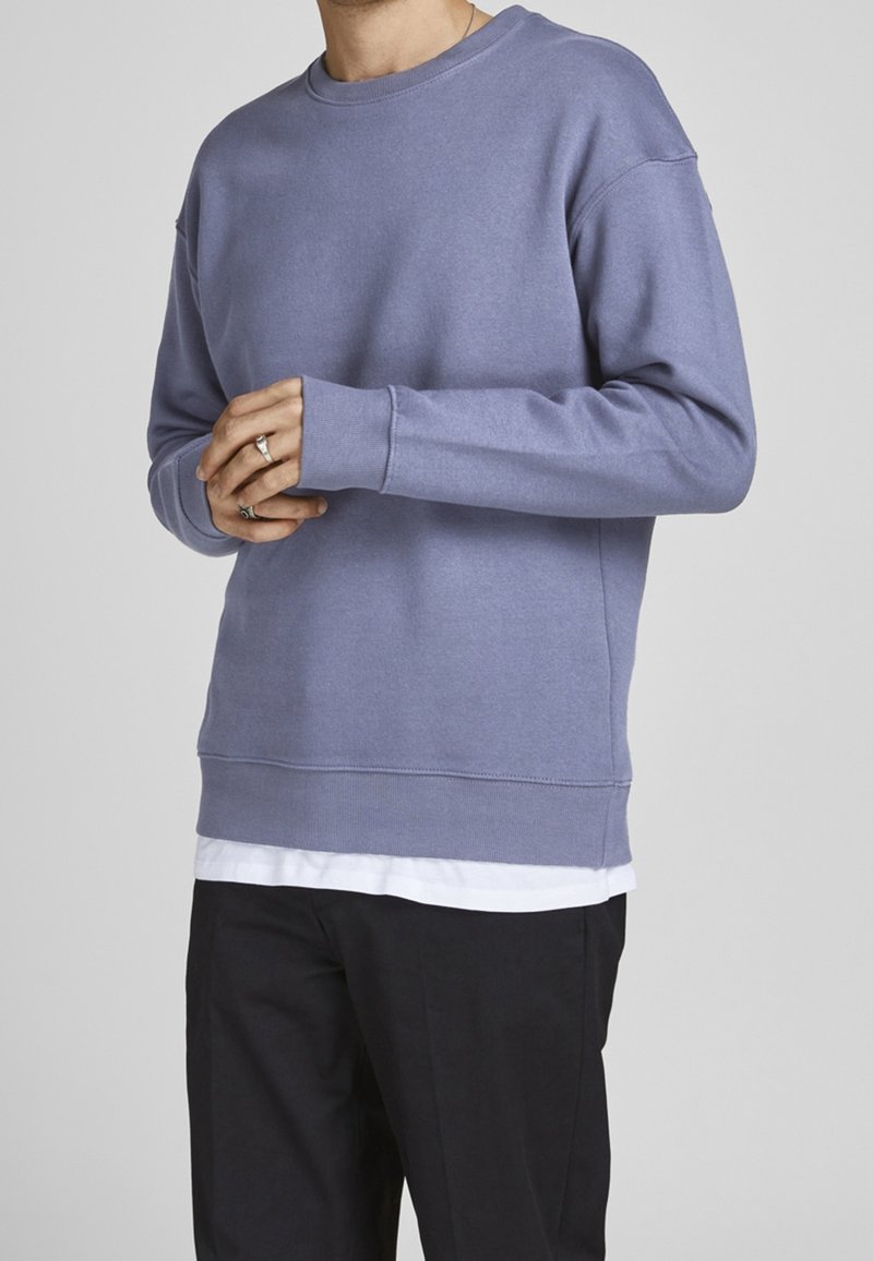 Felpa grigio-blu con scollatura rotonda, polsini e orlo a coste. Indossata sopra una maglietta bianca, presenta una vestibilità comoda e una texture liscia.