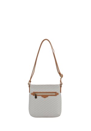 Sac bandoulière beige avec motif losanges, sangle réglable marron clair et poche avant zippée avec curseur en cuir.