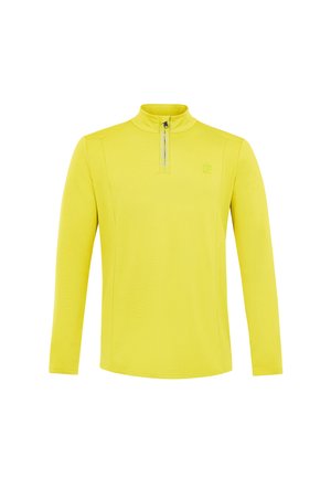 Heldergele lange mouwen pullover met een korte rits aan de voorkant en een klein logo op de linkerkant van de borst, weergegeven op een witte achtergrond.