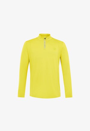 Bright yellow long-sleeve pullover with a short front zipper and a small logo on the left chest, displayed on a white background.