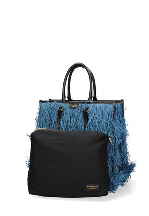 Blå struktureret indkøbs- eller shopper taske med sorte håndtag og en matchende sort lynlåspung mærket "MY-BEST BAG FIRENZE".