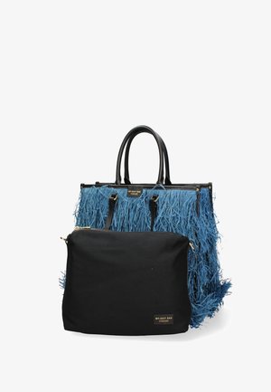 Blå struktureret indkøbs- eller shopper taske med sorte håndtag og en matchende sort lynlåspung mærket "MY-BEST BAG FIRENZE".